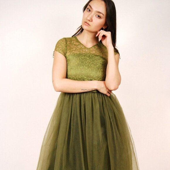 Dresses & Skirts - Vintage Fairy Dress (S) moss green y2k ball gown small xs chiffon fairycore prom
